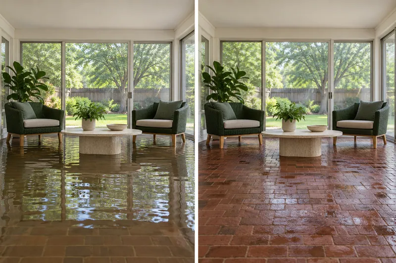 Water Extraction Near Bicentennial Park — matched room before pickup and afterward with damp flooring