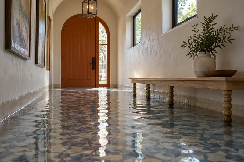 Water Extraction Near Bicentennial Park — standing water with visible waterlines and submerged lower furniture feet