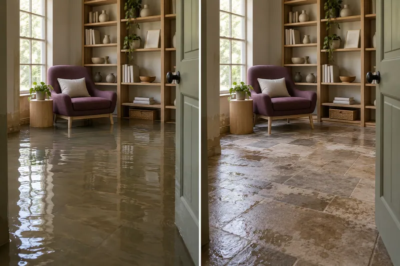 Water Extraction Near Bob Jones Park — matched room before pickup and afterward with damp flooring