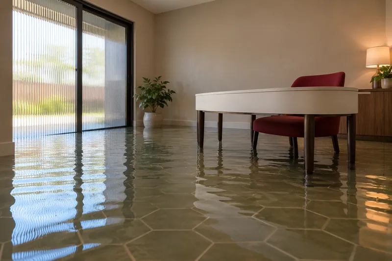 Water Extraction Near North Park — standing water with visible waterlines and submerged lower furniture feet