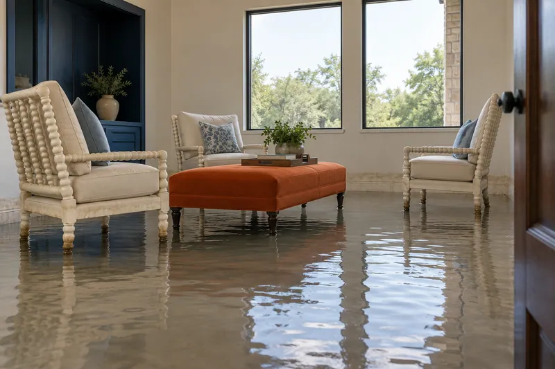 Water Extraction Near Royal and Annie Smith Park — standing water with visible waterlines and submerged lower furniture feet