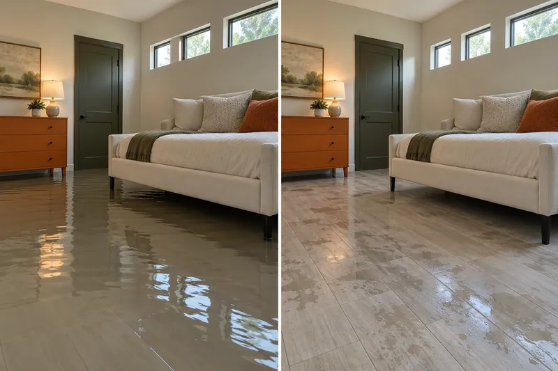Water Extraction Near Lonesome Dove Park — matched room before pickup and afterward with damp flooring