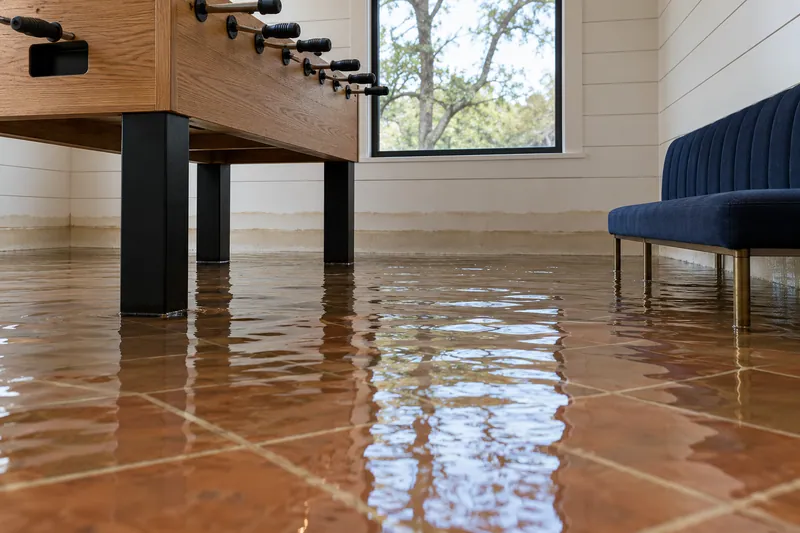 Water Extraction Near Lonesome Dove Park — standing water with visible waterlines and submerged lower furniture feet
