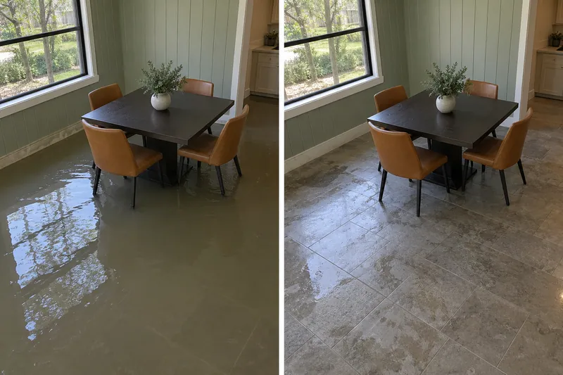 Water Extraction in Southlake — matched room before pickup and afterward with damp flooring