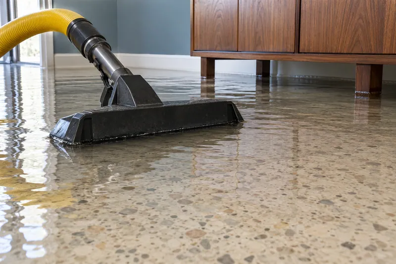 Water Extraction in Southlake — black extraction head and yellow hose in pooled terrazzo flooring